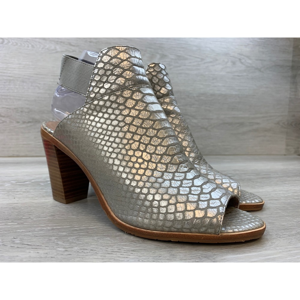 Donald J Pliner Khloe Metallic Silver Snakeskin Peep Toe Slingback Heels 8.5